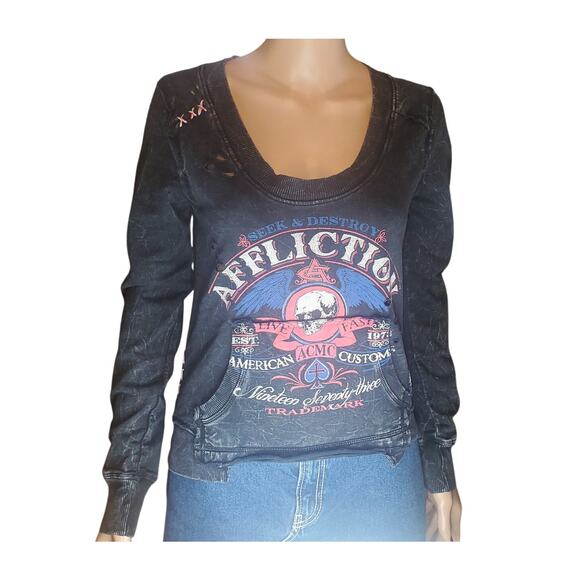 Affliction Tops - Vintage Y2K Affliction Distressed Skull Wing Mineral Wash Sweatshirt Women's M